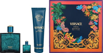 Ensemble Versace: Eros, Eau De Parfum, Pour Homme, 100 ml + Eros, Eau De Parfum, Pour Homme, 5 ml *Miniature + Eros, Gel Douche, Pour Tous Types De Peau, 150 ml