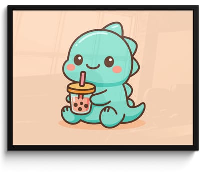 Poster in lijst - Fotolijst 80x60 cm - Posters - Dino - Boba - kawaii - Oranje - Posterlijst zwart - Decoratie - Wanddecoratie woonkamer - Muurdecoratie slaapkamer