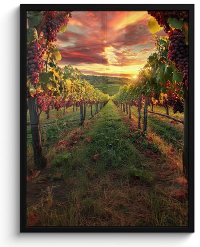 Poster in lijst - Fotolijst 50x70 cm - Posters - Wijngaard - Druiven - Zonsondergang - Posterlijst zwart - Decoratie - Wanddecoratie woonkamer - Muurdecoratie slaapkamer