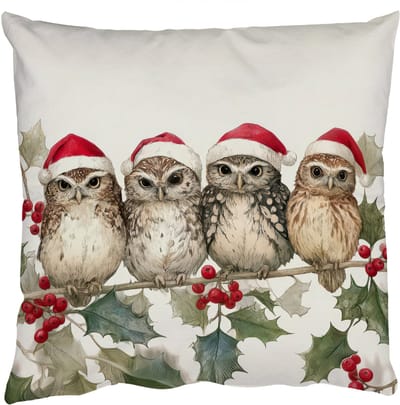 Sierkussens - Kussentjes Woonkamer - 50x50 cm - Uilen - Tak - Hulstblaadjes - Kerstmuts