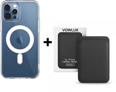 VOWLUX Compatible MagSafe Hoesje voor iPhone 16 Pro Transparant – Inclusief Zwarte Wallet Pasjeshouder – 24 Magneten – Kunstleer – 3 Kaarten – Shockproof Case