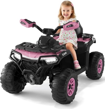 HOERFURIY-Elektrische kinderauto-Elektrische quad voor kinderen 12V, terreinwagen met 4 wielen en 2 motoren, afstandsbediening, Bluetooth, USB, vanaf 3 jaar, roze