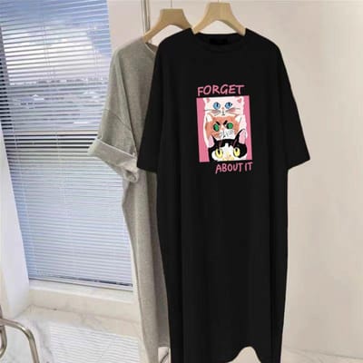 Katoenen Korte Mouw Lange Jurk Losse Grote Maat Knie T-shirt Rok Casual Medium en Lange Jurk Dames XL gray
