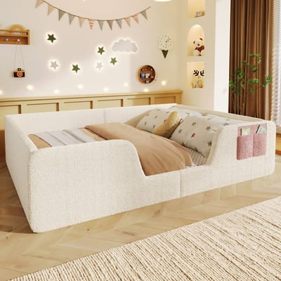 Gestoffeerd bed - 140 x 190 cm - afneembare veiligheidshekken - met ingebouwde opbergzak - fluweel - beige - zonder matras