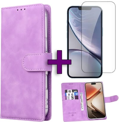 Casemania Hoesje & Glas Geschikt voor Apple iPhone 16e - Paars - Kunstleer Portemonnee Book Case - Glazen Screenprotector