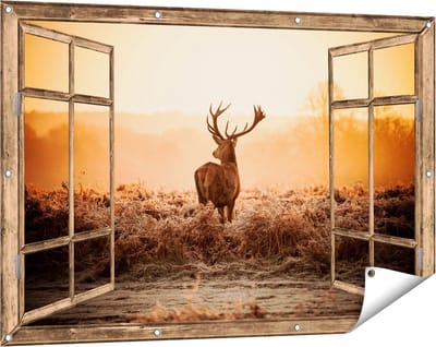 Gards Tuinposter Doorkijk Hert in de Wei tijdens de Zonsopkomst - 120x80 cm - Tuindoek - Tuindecoratie - Wanddecoratie buiten - Tuinschilderij