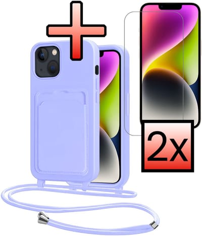 Hoes Geschikt voor iPhone 13 Hoesje Pasjeshouder Cover Met Koord Case Siliconen Hoes Met Telefoonkoord en Kaarthouder Met 2x Screenprotector - Lila