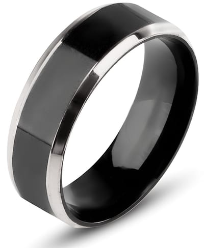 Zwarte Heren Ring met Zilver Kleurige Rand - Staal - Ringen Mannen - Papa Cadeau Voor Mannen - Vaderdag