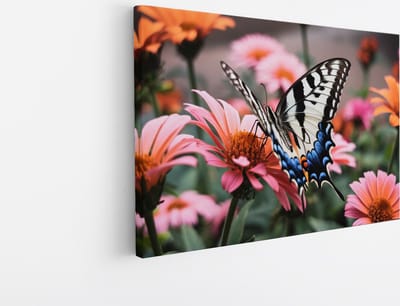Saammp Canvas Schilderij -Vlinder op roze bloem - Dieren - 30x20 - Foto op canvas - Wanddecoratie - muurdecoratie Woonkamer - Slaapkamer decoratie - Canvas Print
