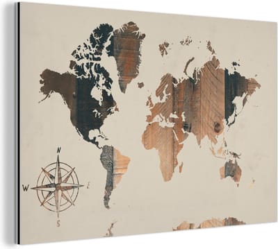 Wanddecoratie Metaal - Aluminium Schilderij Industrieel - Wereldkaart - Houten Plank - Windroos - 120x80 cm - Dibond - Foto op aluminium - Industriële muurdecoratie - Voor de woonkamer/slaapkamer