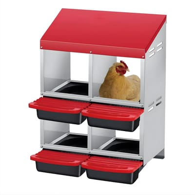 Kip-nistbox - Voor kippenhouderij of boerderij - 2-laags opklapbaar met 4 compartimenten - Metaal met uittrekbare eierdoos - Rood
