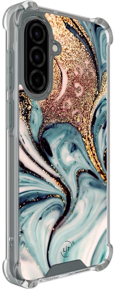 Shockproof hoesje - Geschikt voor Samsung Galaxy A36 - Marmer blauw goud - Extra sterke case - TPU/polycarbonaat - Marmer - Blauw, Goud, Transparant