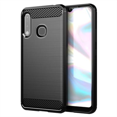 Cadorabo Hoesje geschikt voor Samsung Galaxy A70e in Brushed Zwart - Beschermhoes van flexibel TPU siliconen in roestvrij staal-carbonvezel look Case Cover