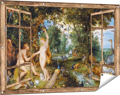 Gards Tuinposter Doorkijk Het Aardse Paradijs met de Zondeval van Adam en Eva - Jan Brueghel - 120x80 cm - Tuindoek - Tuindecoratie - Wanddecoratie buiten - Tuinschilderij