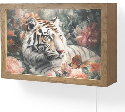 Wandlamp 30x20 cm - Oplaadbaar - Tijger - Wilde dieren - Bloemen - Jungle - Wandlampen binnen woonkamer - Slaapkamer lamp met kabel - Decoratieve nachtlamp - Vloerlamp snoer