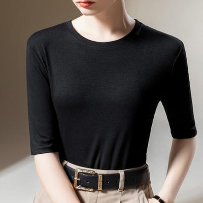 T-shirt à manches mi-longues pour femme, nouveau modèle d'automne basique à col rond, couleur unie, tempérament, manches cinq points, taille haute 3XL black