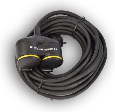 verlengkabel met 2 Schuko stopcontacten, 10 m, dubbele verlenging, 2 geaarde contactbus, rubberen kabel voor buiten, IP44, H05RR-F3G 1,5 mm2 - Verleng-snoer. Neopreen. Rubber voor buiten. 10 meter , met twee stekker aansluitingen.