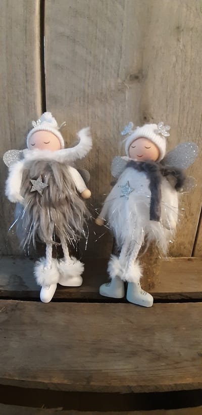 Kerst - Set van 2 - Glitter - Zilver - Wit - op Boomstam - Kerstengel