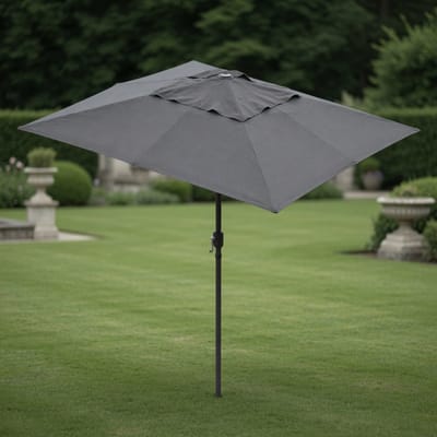 XXL Tuinparasol & Balkonscherm met Zwengel – Mobili Bella – UV50+ Zonbescherming – Windbestendig 12-spaaks Design – Waterafstotend Polyester – Ventilatiesysteem – 375x197 cm of 456x263 cm – Zonder Standaard – Antraciet & Beige