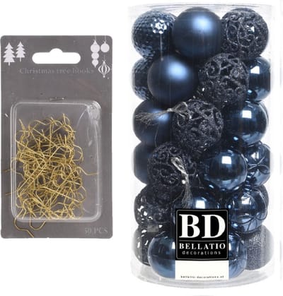 37x stuks kunststof kerstballen donkerblauw 6 cm inclusief gouden kerstboomhaakjes - Kerstversiering