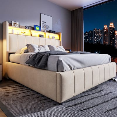 HAUSS SPOLE Gestoffeerd Bed 160x200 cm - Met LED, USB En Opbergruimte - Hydraulische Opbergbak - Zonder Matras - Linnen - Beige