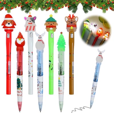 7-delige kerst balpen set met retractable en gel pennen, perfect als kerstcadeau voor kinderen en volwassenen, inclusief LED verlichting