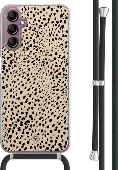 Casimoda® hoesje met koord - Geschikt voor Samsung A14 - Stippen bruin abstract - Afneembaar koord - TPU/acryl - Bruin/beige