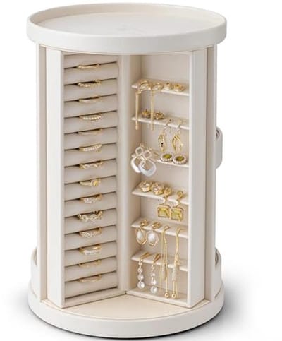 Rotating Sieradenbox met 6 Hangerhaakjes - Verticale Opbergdoos voor Kettingen, Oorbellen en Armbanden - Beige