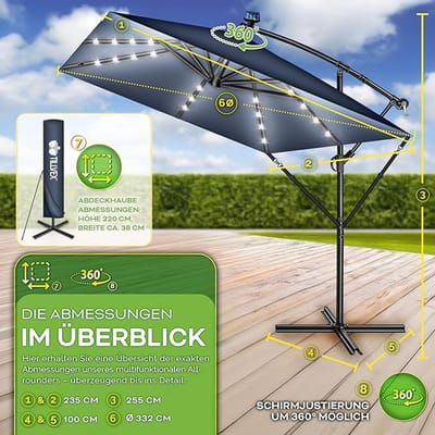 Zweefparasol 330 cm met LED Solar Verlichting – Rechthoekige Hangparasol 360° Draaibaar, Kantelbaar, Aluminium Frame, UV50+ & Waterafstotend – Inclusief Standaard & Hoes – Antraciet – Nicolehome