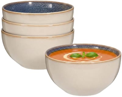 Excellent Houseware Soepkom Kenji - set van 4x - blauw - 14 x 7 cm - keramiek - schaaltjes - 580 ml