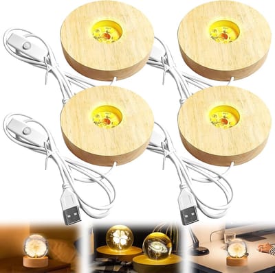 Houten Pedestals Set van 4, Verstelbare LED Verlichting, USB Aansluiting, Ronde Stand voor Crystal, Glas en Acryl Display
