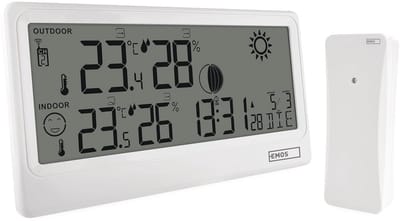 Draadloos Weerstation met Buitensensor - Temperatuur, Luchtvochtigheid en Weersvoorspelling - Radioklok met Wekker en Comfortweergave - Wandhouder en Batterijvoeding - Wit