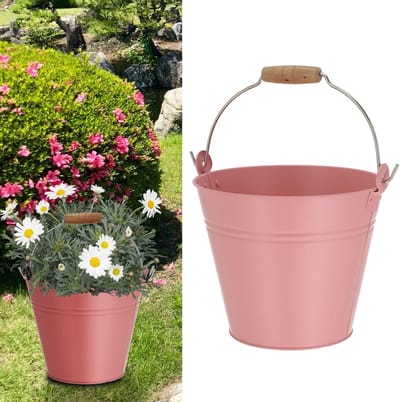 Roze verzinkte emmer met houten handvat - 26 cm