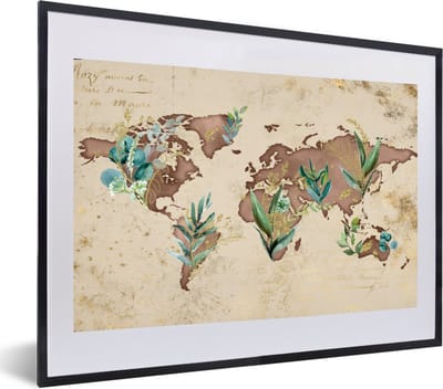 Poster in lijst - Fotolijst 60x40 cm - Posters - Wereldkaart - Retro - Planten - Posterlijst zwart - Decoratie - Wanddecoratie woonkamer - Muurdecoratie slaapkamer