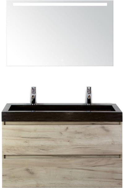 Maxx XL Badmeubelset 100 cm - Craft Oak - Wastafel Lucca 2 Kraangaten met LED Spiegel