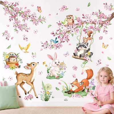 Muurstickers met Bosdieren en Kersenbloesem voor Meisjeskamer, Babykamer en Woonkamer Decoratie