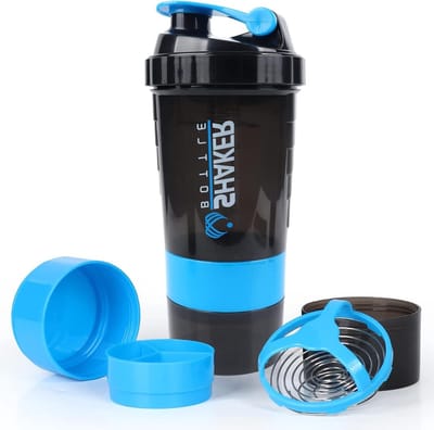 Proteïne Shaker Fles 16oz 3-laags Twist Off - Pil & Supplement Opslag - Gym & Sport Shaker - Water Fles met Mengbal - Lekbestendige Shaker - Eiwitshakers - Blauw