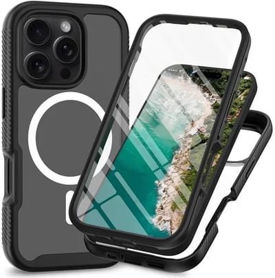 Hoesje met Ingebouwde Screenprotector Geschikt voor Apple iPhone 16 Pro | Compatibel met MagSafe | Full Protect Valbescherming | Schokbestendige Beschermhoes | Doorzichtig / Zwart