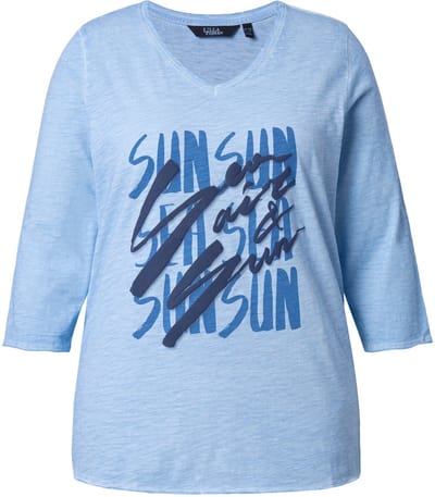 Ulla Popken - Dames - T-shirt schriftmotief classic V-hals classic 3/4-mouwen - Hemelsblauw - Maat 42+