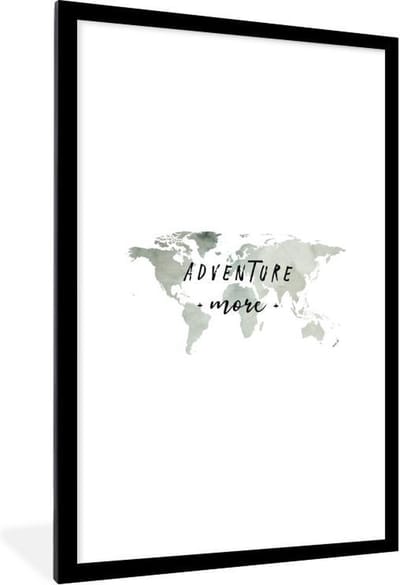 Poster in lijst - Fotolijst 80x120 cm - Posters - Wereldkaart - Aquarelverf - Adventure - Posterlijst zwart - Decoratie - Wanddecoratie woonkamer - Muurdecoratie slaapkamer