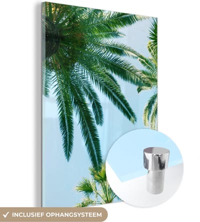 MuchoWow® Glasschilderij 30x40 cm - Schilderij acrylglas - Palmbladeren - Lucht - Zomer - Tropisch - Foto op glas - Schilderijen