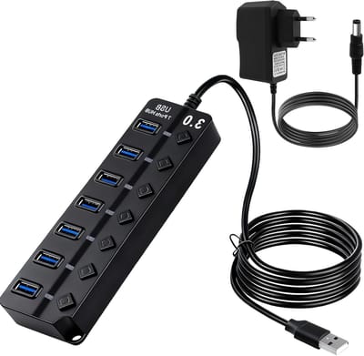 7-poorts USB Hub 3.0 met Aan/Uit-schakelaar en LED, 1.2m Kabel, Actieve Hub voor PC en Laptop, Snelle Gegevensoverdracht, Voeding Inclusief