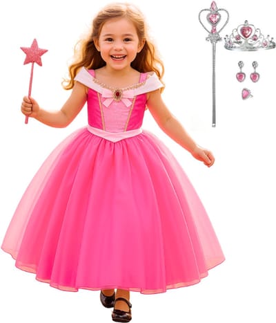 Joya Kids® Roze verkleedjurk korte Mouw | Zomerse Roze Prinsessenjurk | verkleedkleding Meisje | Hard roze Jurk + kroontje & Staf & Sieraden | Cadeau meisje Maat 120