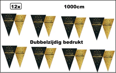 12x Luxe Vlaggenlijn Hartelijk gefeliciteerd 10 meter goud/zwart - dubbelzijdig bedrukt - Jubileum verjaardag thema feest