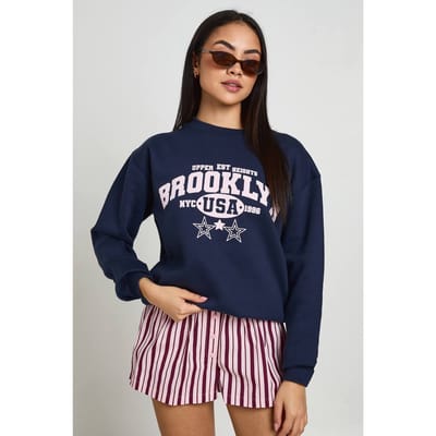 boohoo Dames Gewassen Brooklyn Bedrukt Sweatshirt | Navy | Maat: XS