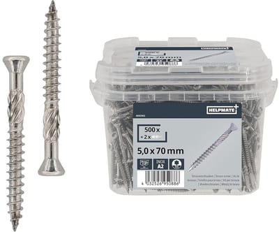 HELPMATE – Terrasschroeven 5x70 roestvrij staal A2 – 500 stuks plankenschroeven + 2 T25-bits – Terrasschroeven voor buitengebruik (terrasbouw, tuinhuisjes, houtconstructies enz.)