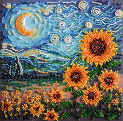 BORDUURPAKKET met kralen - Sunflowers in Night's Embrace - Zonnebloemen in een nachtelijke omhelzing - Abris Art