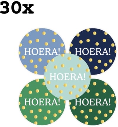 30 stickers HOERA Blauw -feestje - trakteren - jarig - verjaardag - inpakken - traktatie - uitdelen - stickers - sluitsticker - envelop - zegel