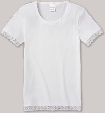 Schiesser - Shirt korte mouwen met kant dubbelrib wit - Long Life Cotton - Maat 176