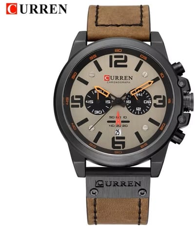 Heren horloge met analoge goed leesbare wijzerplaten en chronograaf Originele Klassieke met zwrte kast en licht bruine leren band en gelige wijzers